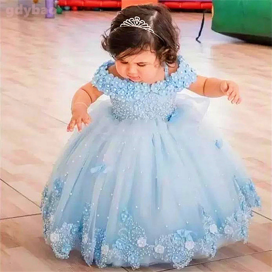 Pink Baby Girls Dresses Off Shoulder Pearls Lace Butterflies Flower Girl Dress Infant First Birthday Party Gown