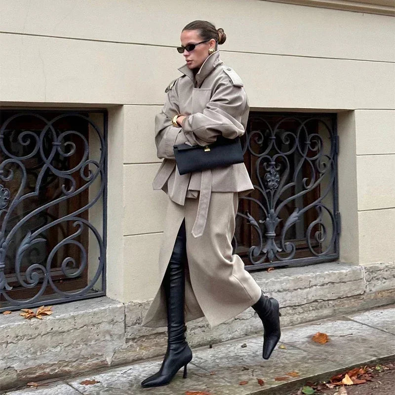 Casual Belt Lace Up Short Trench Coat Women Elegant Full Sleeve V Neck Loose Fashion Jacket Spring Daily High Street Outerwear