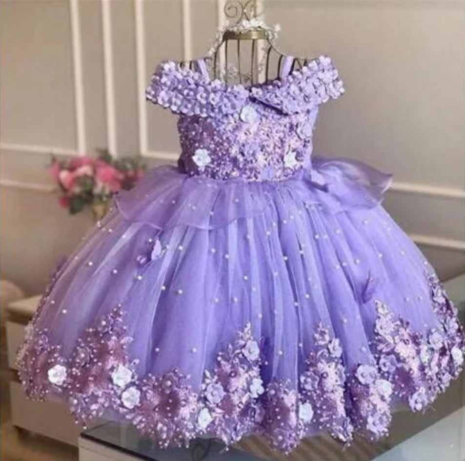 Pink Baby Girls Dresses Off Shoulder Pearls Lace Butterflies Flower Girl Dress Infant First Birthday Party Gown