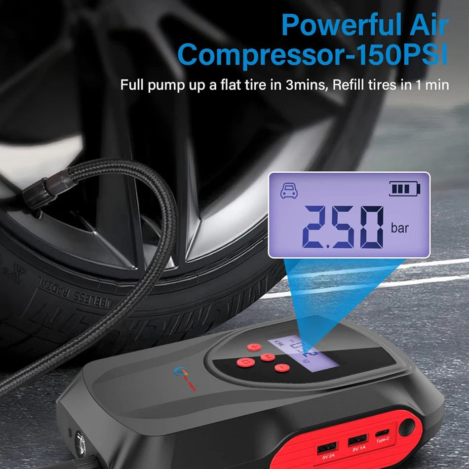 Multi-function Car Jump Starter Air Pump Power Bank Portable Air Compressor Cars Battery Starters Starting Auto Tyre Inflator