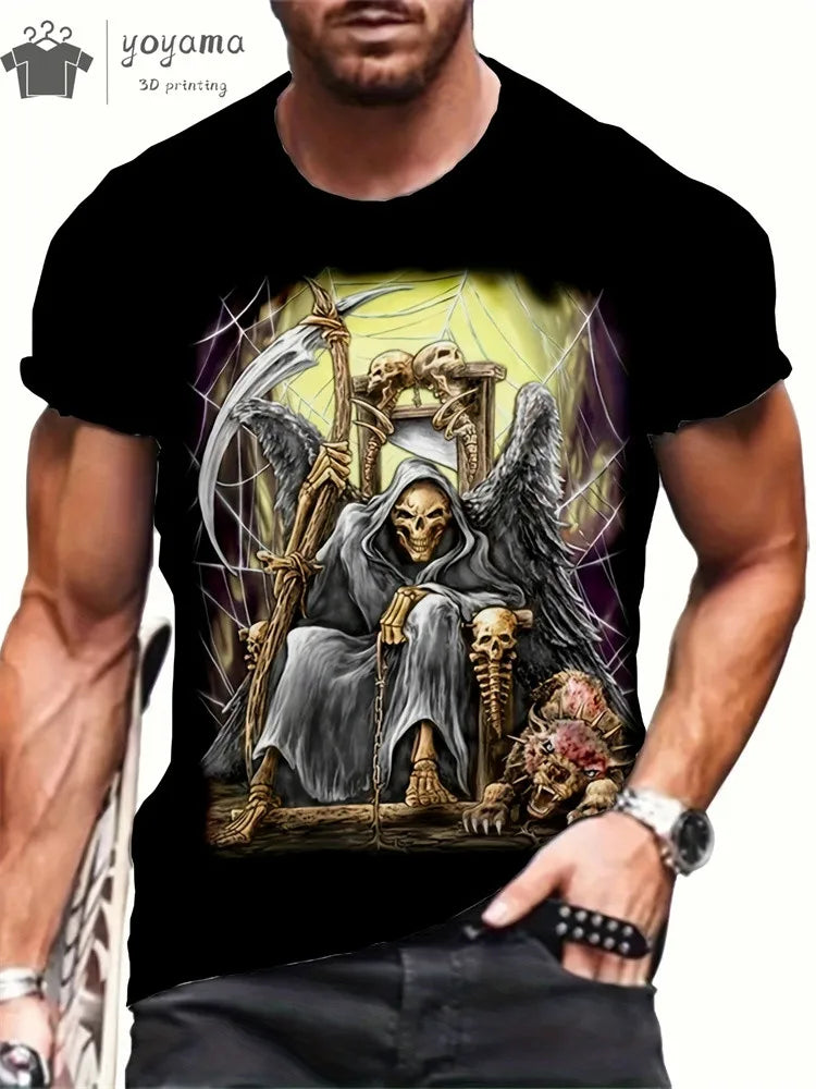 Men's Horror Skull Print T-Shirt 3D Print Vintage O-Neck Short Sleeve Fashion Oversized T-Shirts Men's Summer Street Clothing