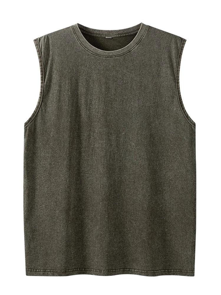 Summer Men's Washed Cotton Tank Tops Muscle Gym Sleeveless Workout T Shirts Running Beach Loose Cutoff Tees