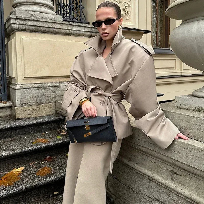 Casual Belt Lace Up Short Trench Coat Women Elegant Full Sleeve V Neck Loose Fashion Jacket Spring Daily High Street Outerwear