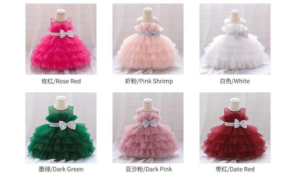 Kids Bow Baby Girls Dress Puffy Tulle Toddler White Baptism Party Dresses For Girl Elegant Kids Birthday Princess Ball Gown