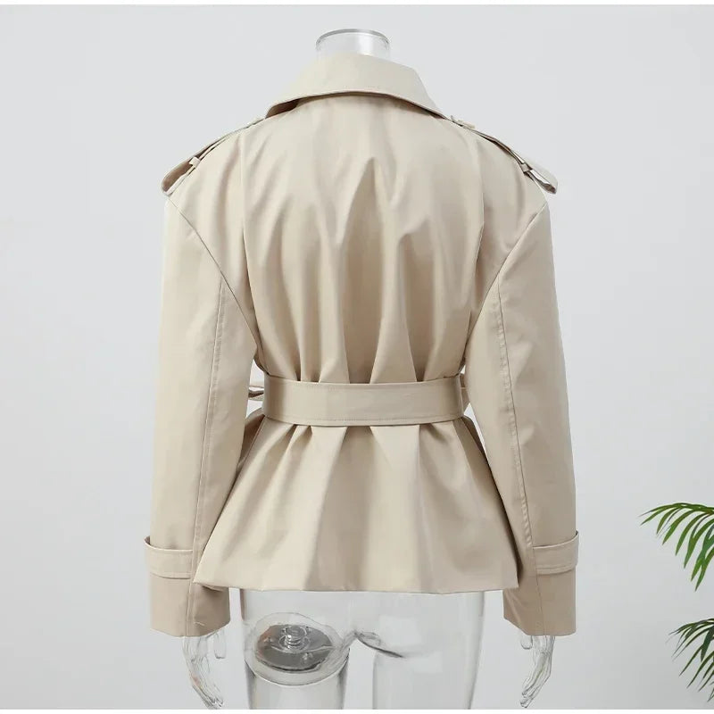 Casual Belt Lace Up Short Trench Coat Women Elegant Full Sleeve V Neck Loose Fashion Jacket Spring Daily High Street Outerwear
