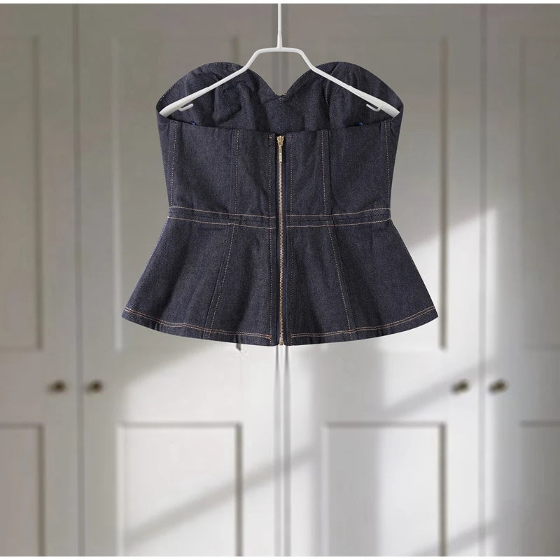 Retro Denim Vest Suit Jacket Pant 3 Piece Sets Women Classic Tube Top Waist-cinching Jackets High Waist Pants Sets Female Outfit
