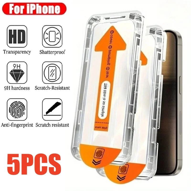 5Pcs Ultra HD 8K Dust Free Screen Protector For iPhone 17 16 15 14 13 12 11 Pro Max 16e Plus 17 Air Glass Easy Installation Box