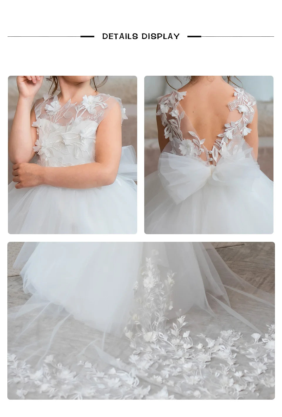 Lace Applique Tulle Flower Girl Dress for Wedding Sleeveless Long Bow Knot V-Back Elegant Formal Dresses