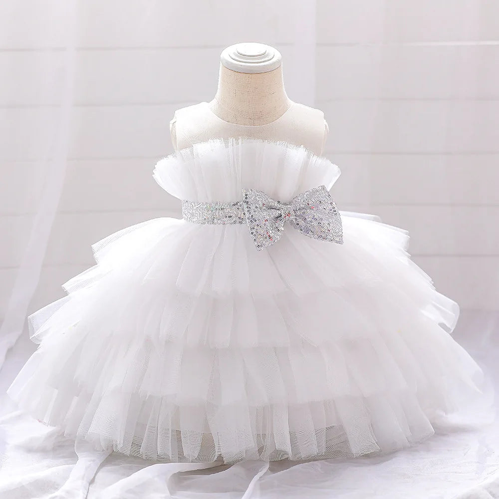 Kids Bow Baby Girls Dress Puffy Tulle Toddler White Baptism Party Dresses For Girl Elegant Kids Birthday Princess Ball Gown