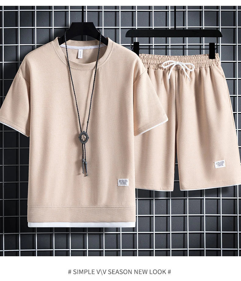 Summer Men's Waffle Sets Casual T-Shirt And Shorts Set Male Sports Suit Solid Color Tracksuit Loose Suits Size