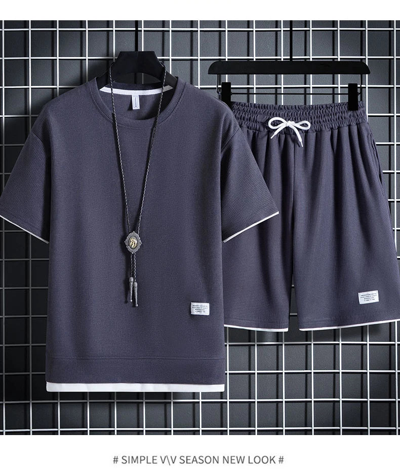 Summer Men's Waffle Sets Casual T-Shirt And Shorts Set Male Sports Suit Solid Color Tracksuit Loose Suits Size