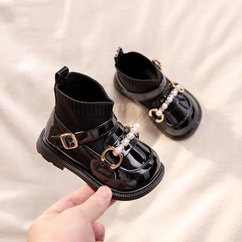 Autumn Winter Girls' Baby Shoes Fleece Lined Short Boots Soft Soled Walking Shoes Princess Leather Shoes for Toddlers