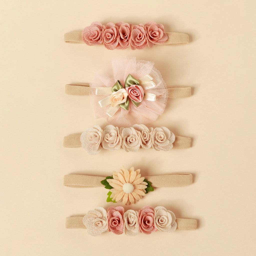 5pcs Pink Lace Rose Flower Headband Baby Cute Sweet Nylon Hairband Newborn Photography Hair Accessories Girl's Headwear