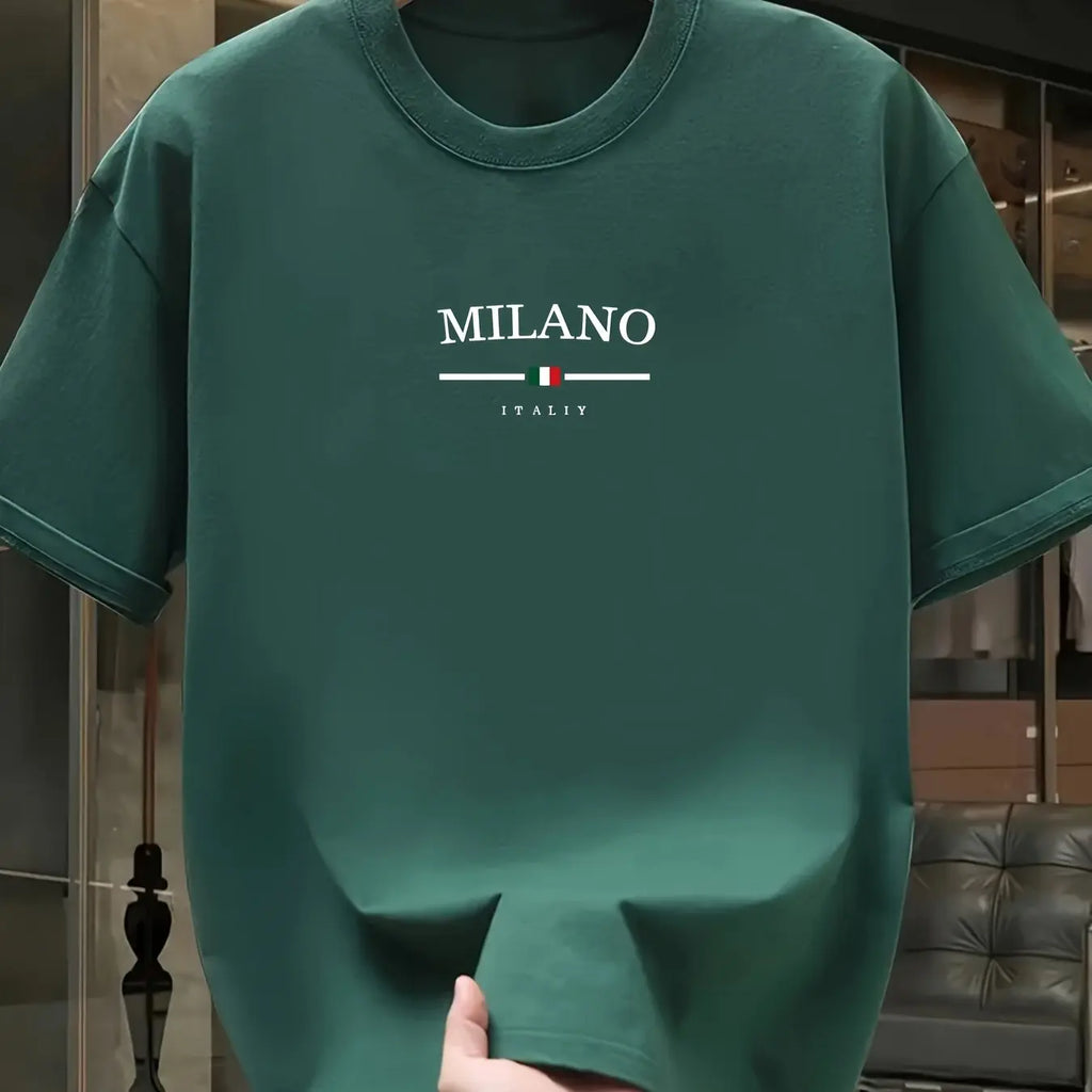 Men's 100% pure cotton fashionable casual loose Italian style Milan letter printed round neck short sleeved T-shirt top