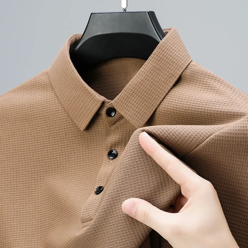 New Men's Business Fashion Casual Long Sleeved Shirt Solid Color Polo Shirt Fashionable Breathable Comfortable Versatile Top