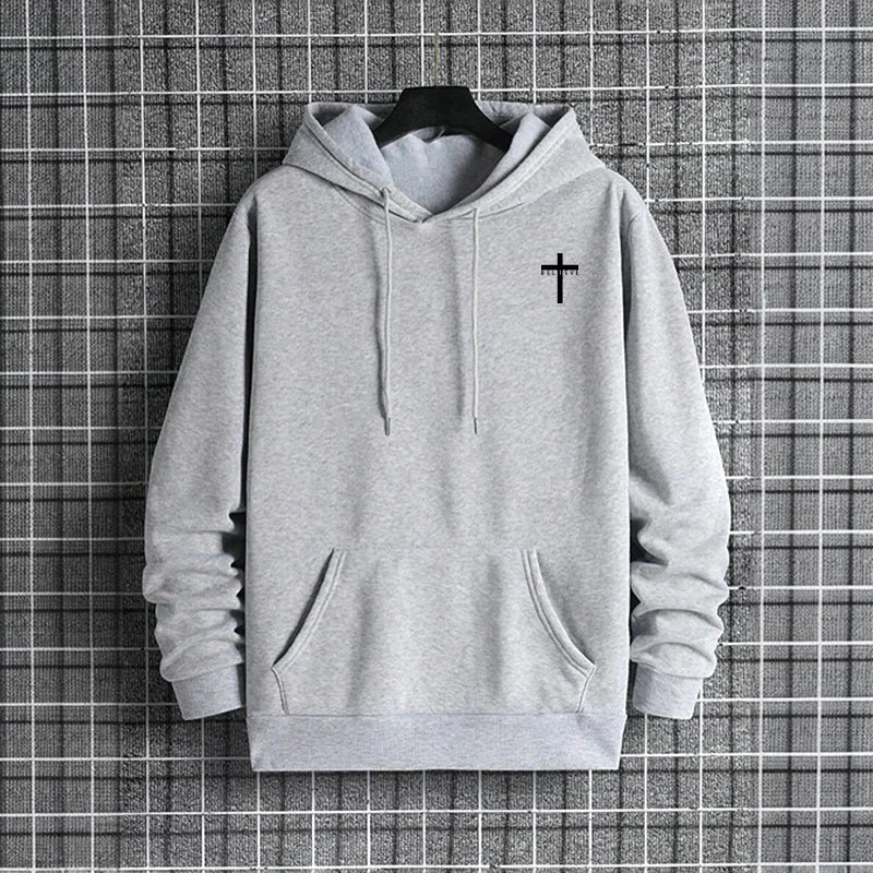 Mens Urban Hoodie 2025 High Quality Solid Color Long Sleeve Sweatshirt Casual Sporty Hooded Outerwear Jesus Cross Print Pullover