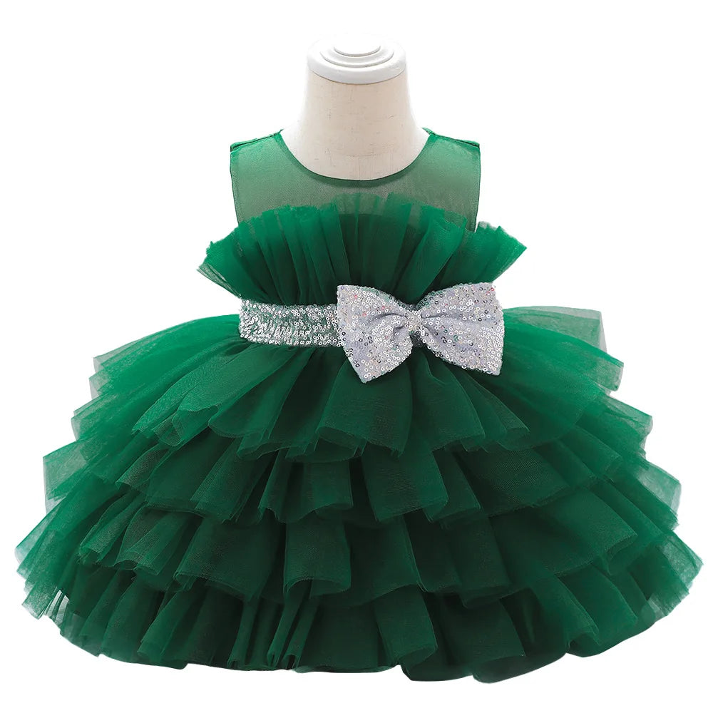 Kids Bow Baby Girls Dress Puffy Tulle Toddler White Baptism Party Dresses For Girl Elegant Kids Birthday Princess Ball Gown