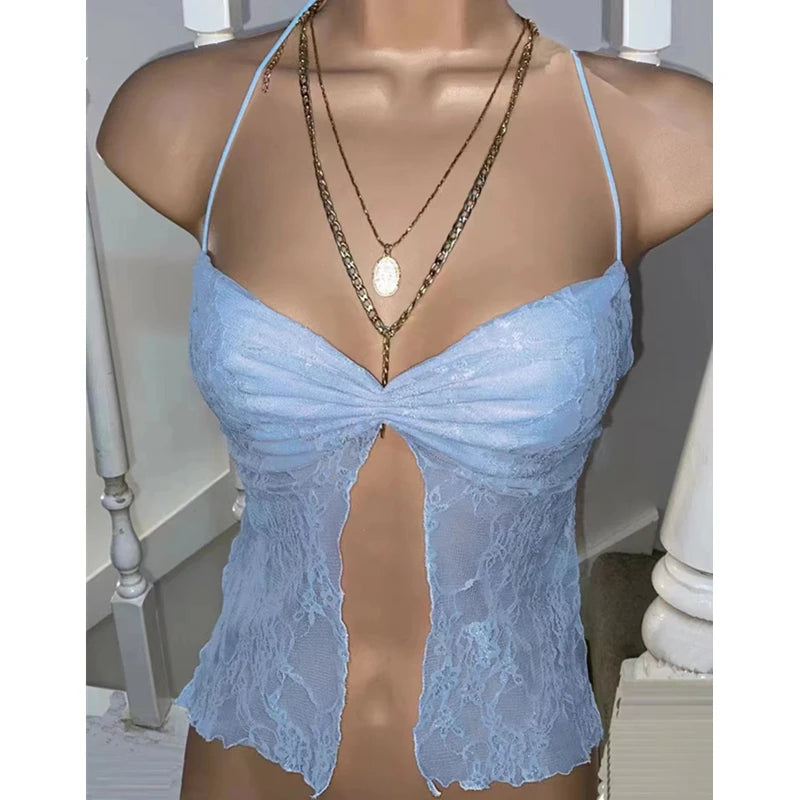 Xingqing Floral Crop Top y2k Aesthetic Fairycore Grunge Spaghetti Strap Sleeveless Lace Camisole Women Halter Tank Streetwear