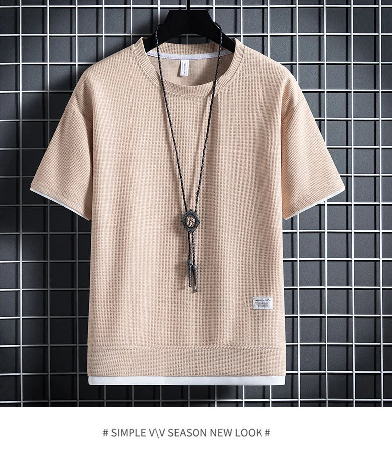 Summer Men's Waffle Sets Casual T-Shirt And Shorts Set Male Sports Suit Solid Color Tracksuit Loose Suits Size