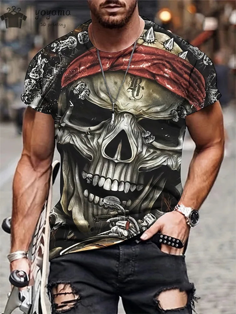 Men's Horror Skull Print T-Shirt 3D Print Vintage O-Neck Short Sleeve Fashion Oversized T-Shirts Men's Summer Street Clothing