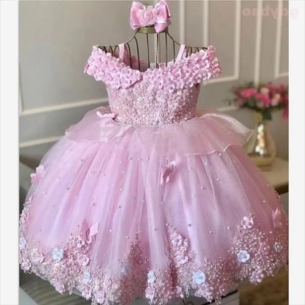 Pink Baby Girls Dresses Off Shoulder Pearls Lace Butterflies Flower Girl Dress Infant First Birthday Party Gown