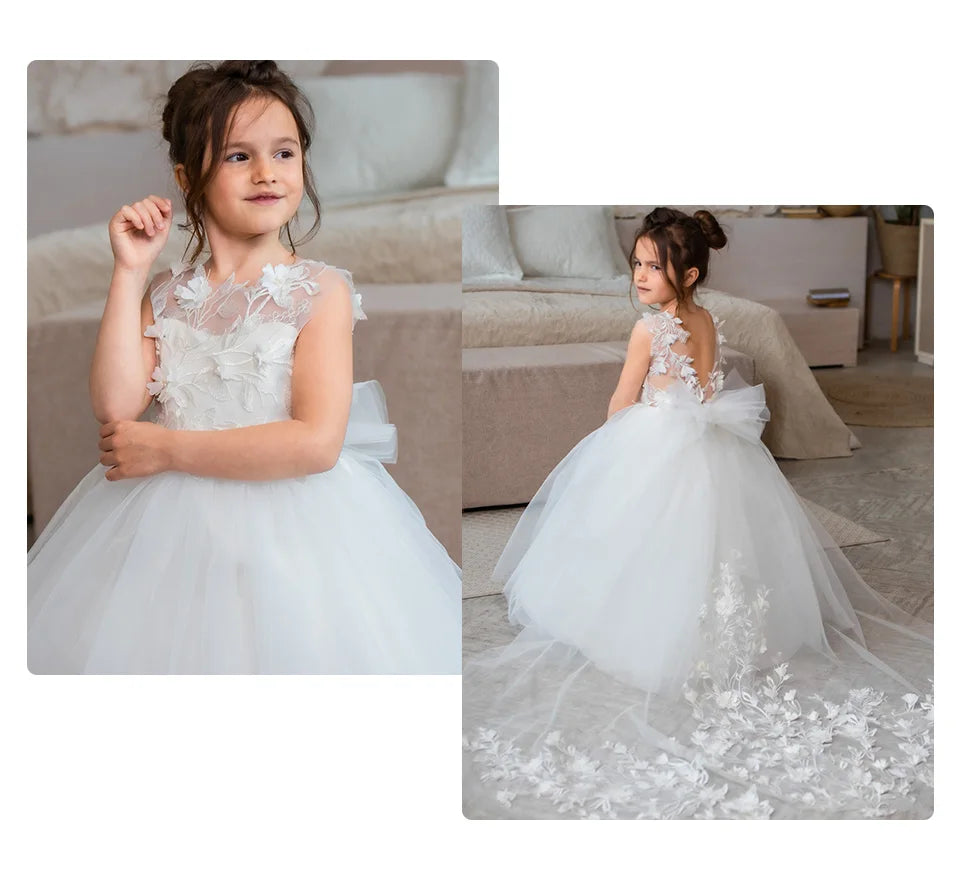 Lace Applique Tulle Flower Girl Dress for Wedding Sleeveless Long Bow Knot V-Back Elegant Formal Dresses