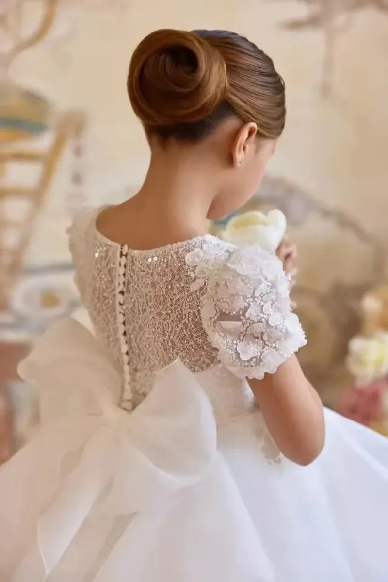 Flower Girl Dresses for Wedding Lace Appliques Bow Pleated Princess Baby Girl Birthday Gowns First Communion Gowns Customized