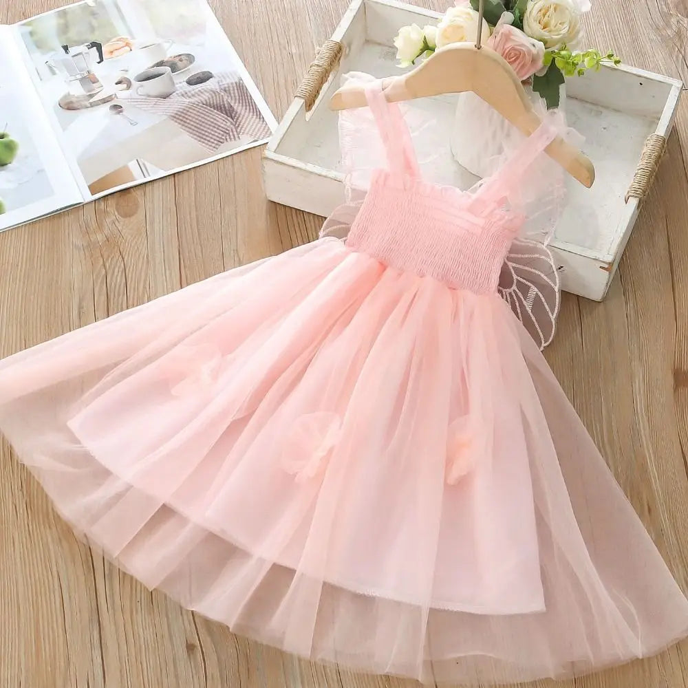Fashion Lace-up Baby Girl Princess Dress Sleeveless Lace Baby Girl Bubble Dress Sweet Casual Butterfly Wing Pettiskirt Kids