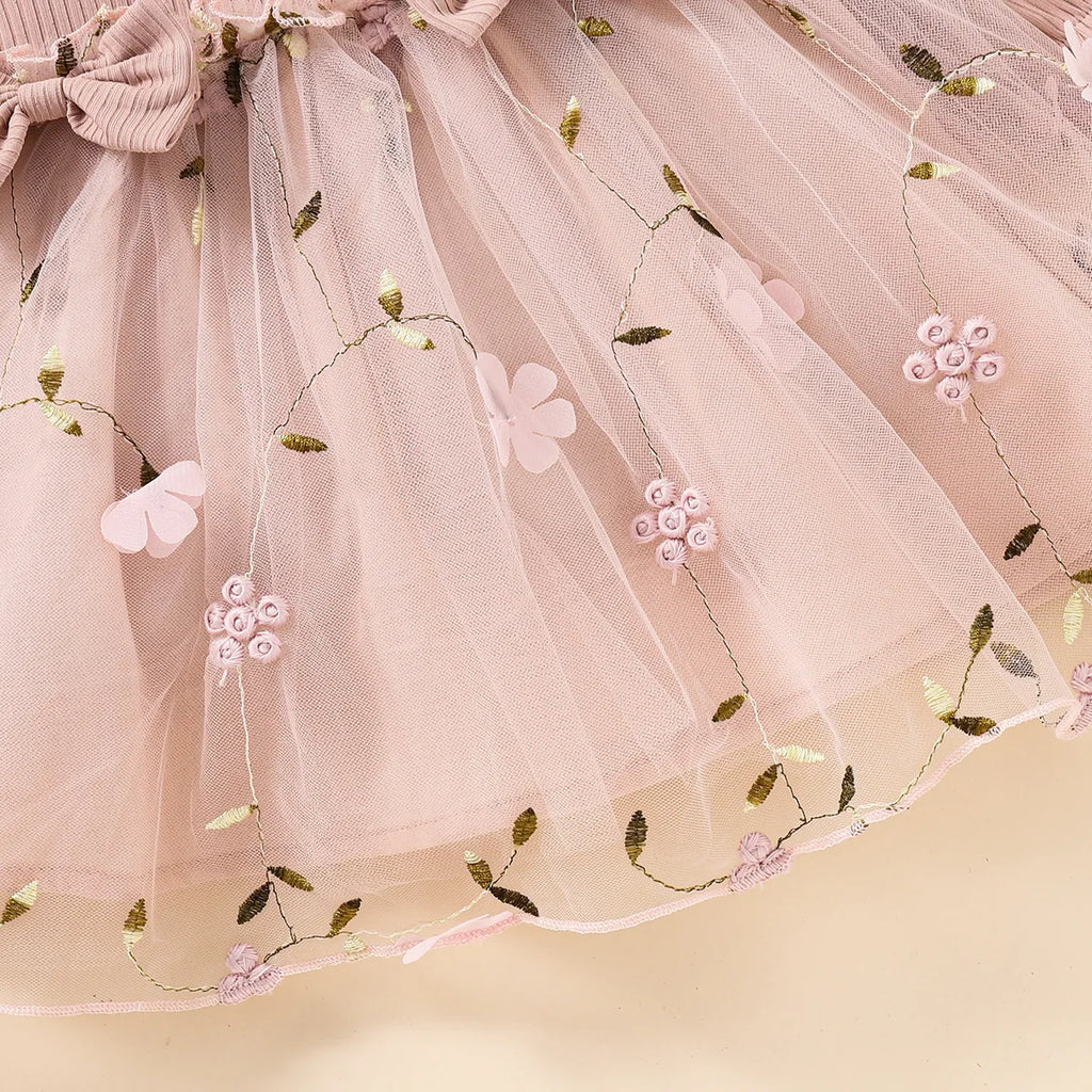 Baby Girl Pink Ribbed Long-Sleeve Bowknot Floral Embroidered Mesh Dress Perfect For Outings And Daily Wear