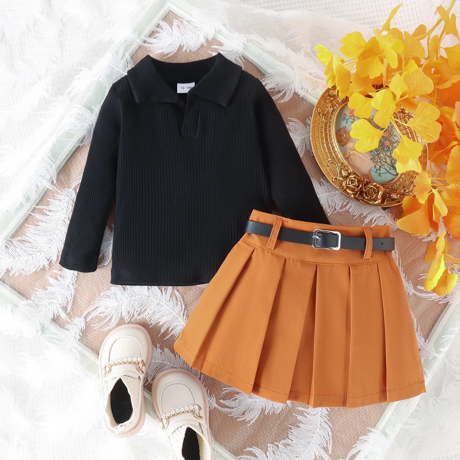 3PCS Autumn New Style 1-5 Year Old Girl Baby College Casual Solid Color Long-Sleeved Pit Top + Pleated Short Skirt Set
