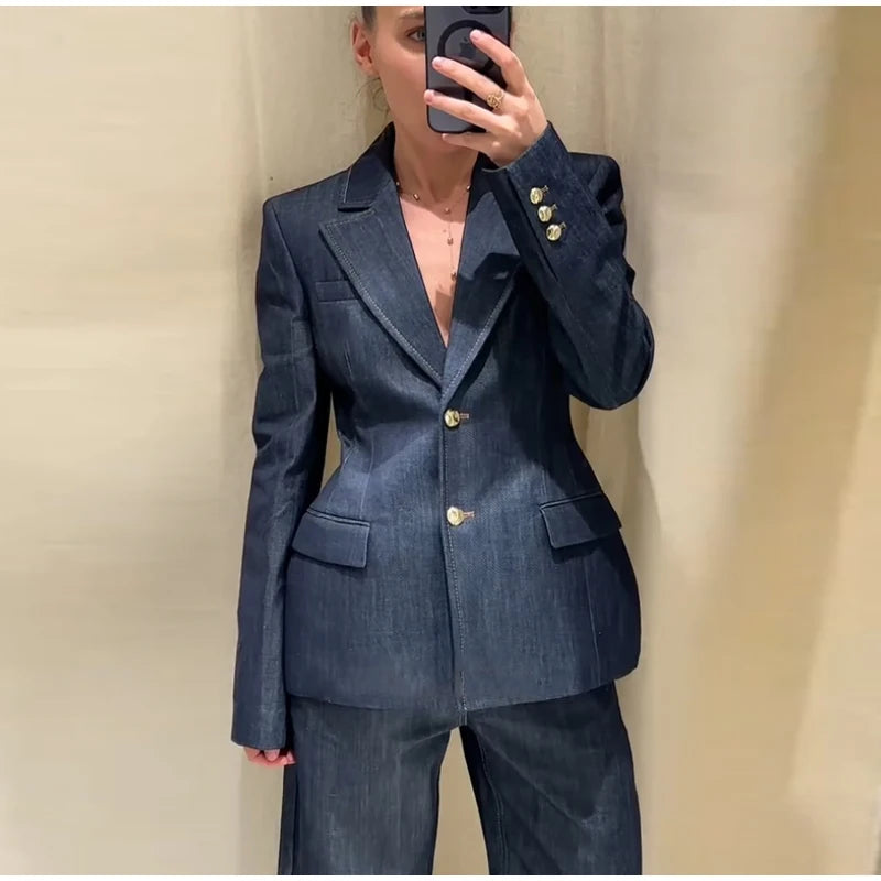 Retro Denim Vest Suit Jacket Pant 3 Piece Sets Women Classic Tube Top Waist-cinching Jackets High Waist Pants Sets Female Outfit