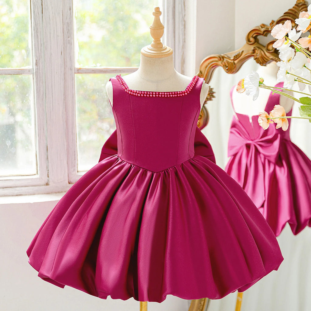Girls Party Dresses Elegant Pearls Big Bow Princess Dress Baby Girl 1st Birthday Baptism Gown Wedding Birthday Party Girls Dress