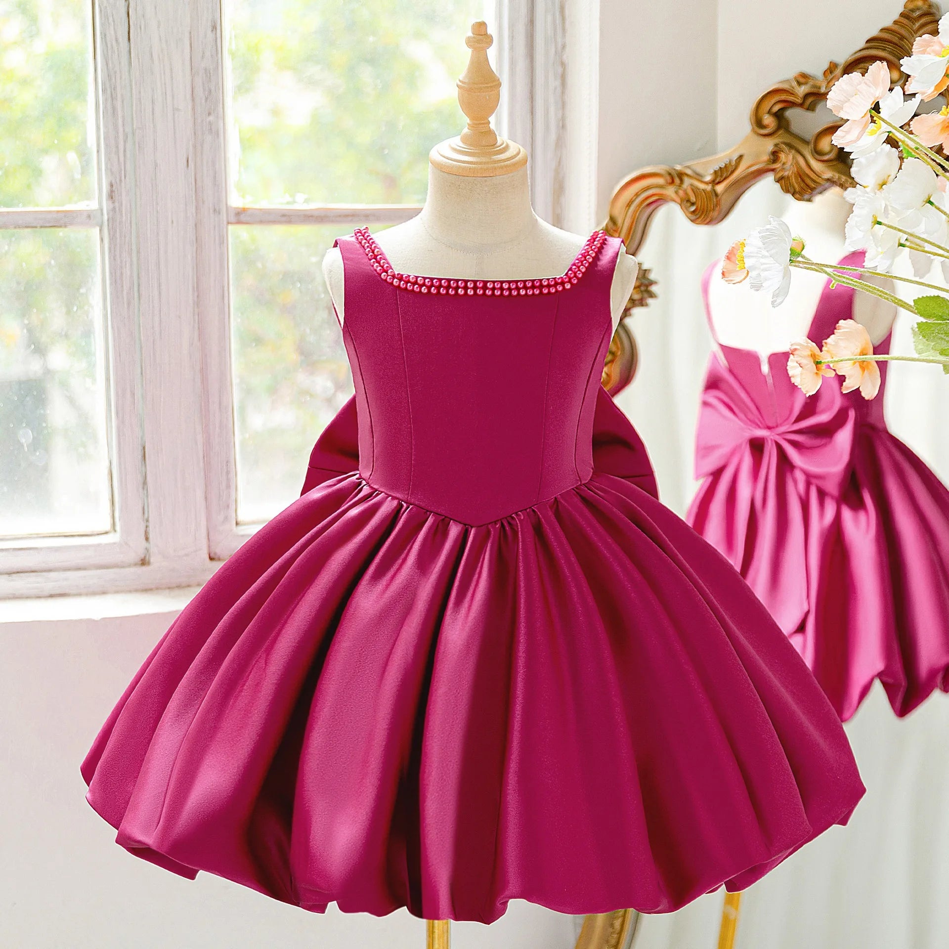 Girls Party Dresses Elegant Pearls Big Bow Princess Dress Baby Girl 1st Birthday Baptism Gown Wedding Birthday Party Girls Dress