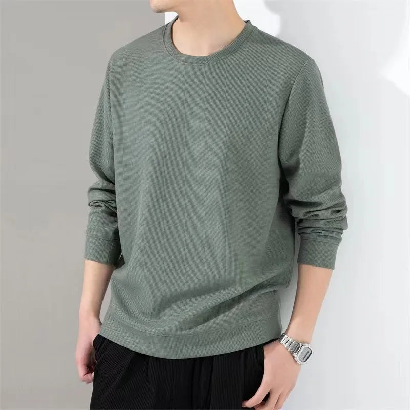 Spring Autumn Waffle t-Shirts For Men Long Sleeve t-Shirt Tops Fashion Soild Tee Shirts Casual Round Neck t Shirt Man Clothes