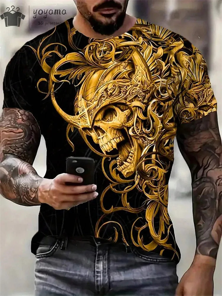 Men's Horror Skull Print T-Shirt 3D Print Vintage O-Neck Short Sleeve Fashion Oversized T-Shirts Men's Summer Street Clothing
