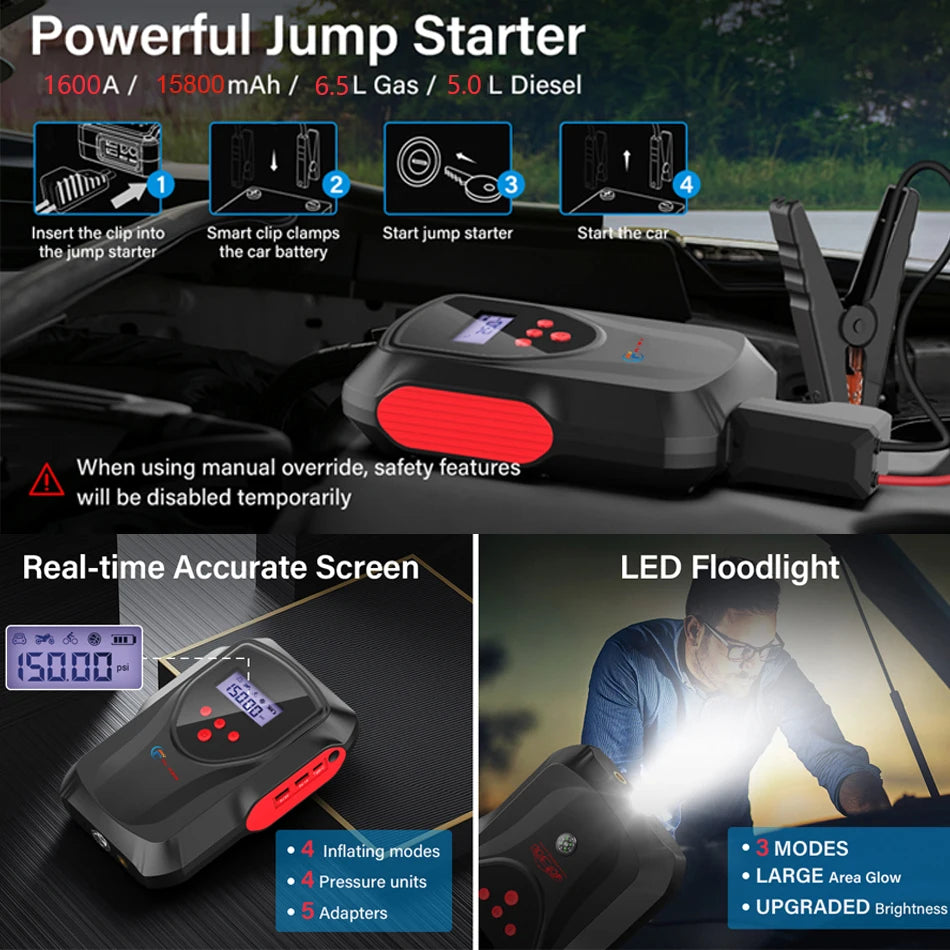 Multi-function Car Jump Starter Air Pump Power Bank Portable Air Compressor Cars Battery Starters Starting Auto Tyre Inflator