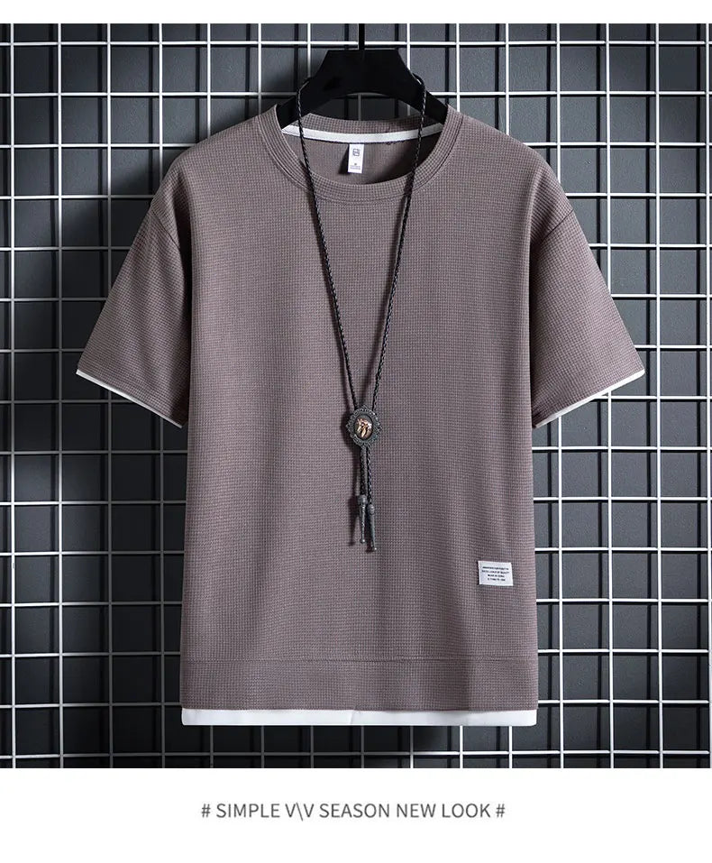 Summer Men's Waffle Sets Casual T-Shirt And Shorts Set Male Sports Suit Solid Color Tracksuit Loose Suits Size
