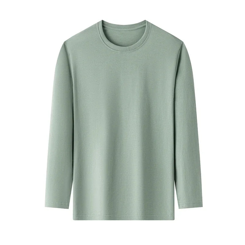 Men's Solid Color Round Neck Cotton Long Sleeved T-shirt Summer Comfortable Top