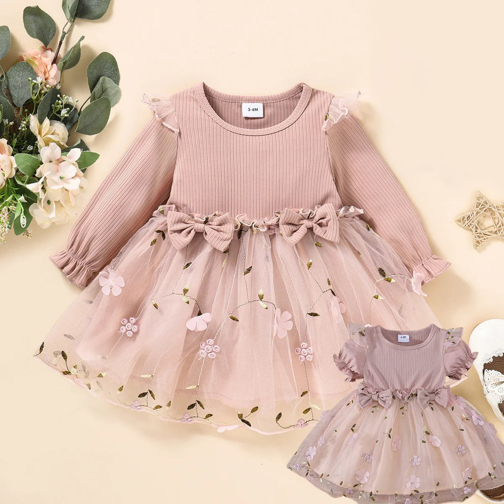 Baby Girl Pink Ribbed Long-Sleeve Bowknot Floral Embroidered Mesh Dress Perfect For Outings And Daily Wear