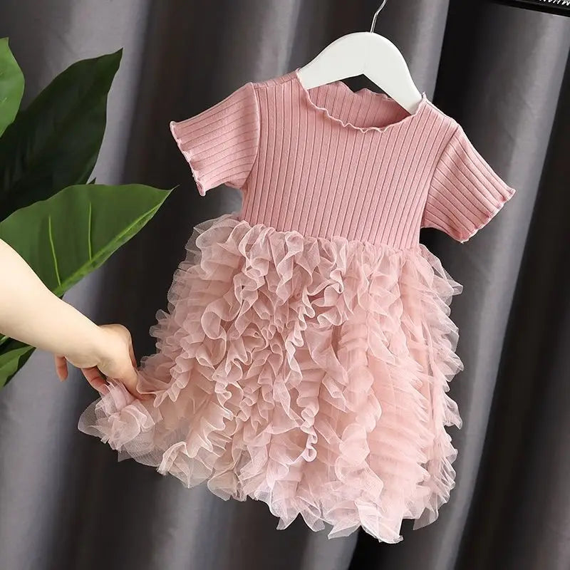 Baby Girl Pink Ribbed Long-Sleeve Bowknot Floral Embroidered Mesh Dress Perfect For Outings And Daily Wear