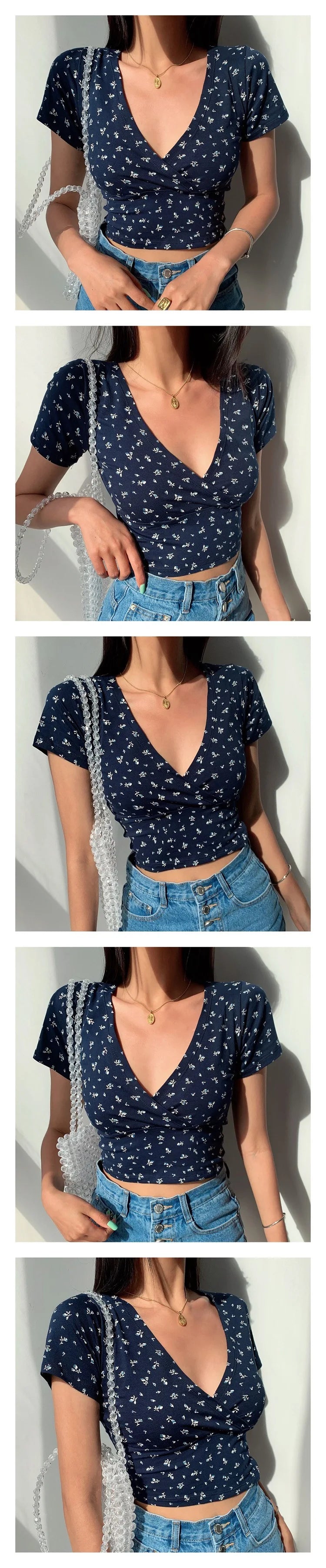 Summer French retro floral V-neck short-sleeved T-shirt Slim slimming wild high waist T-shirt women's top