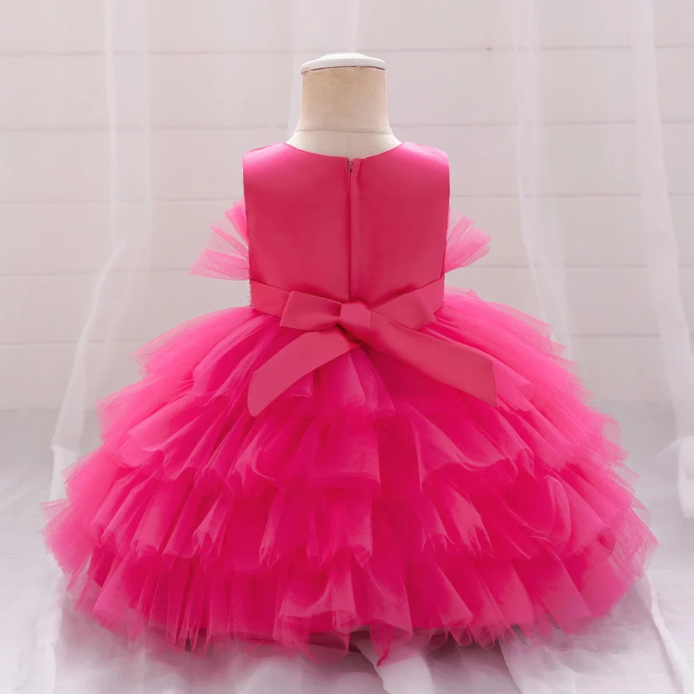 Kids Bow Baby Girls Dress Puffy Tulle Toddler White Baptism Party Dresses For Girl Elegant Kids Birthday Princess Ball Gown