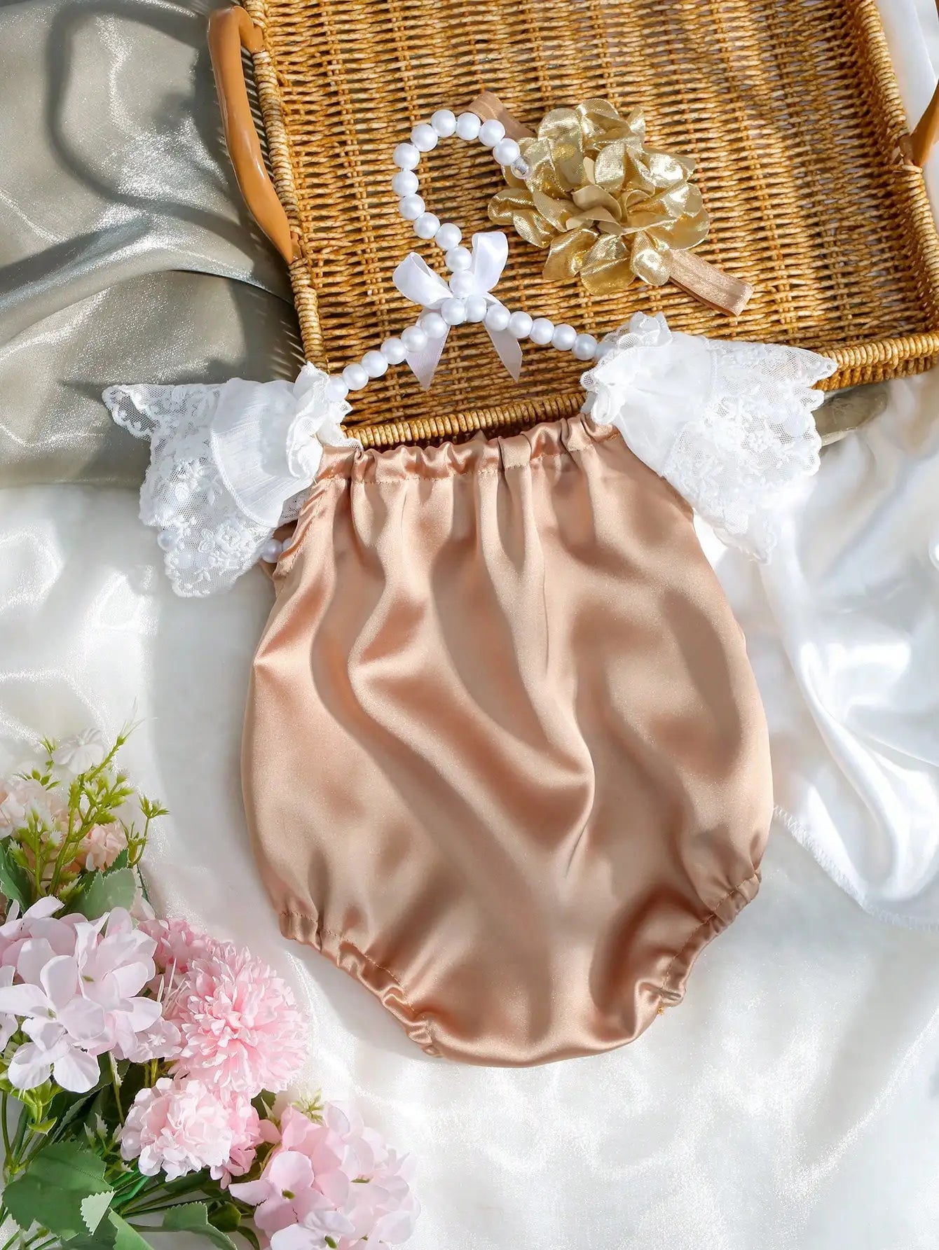 Newborn Lace Flower Headband And Bodysuit Set For Baby Photoshoot 100th Day Outfit Infant Photo Prop Baby Shower Gift-HD