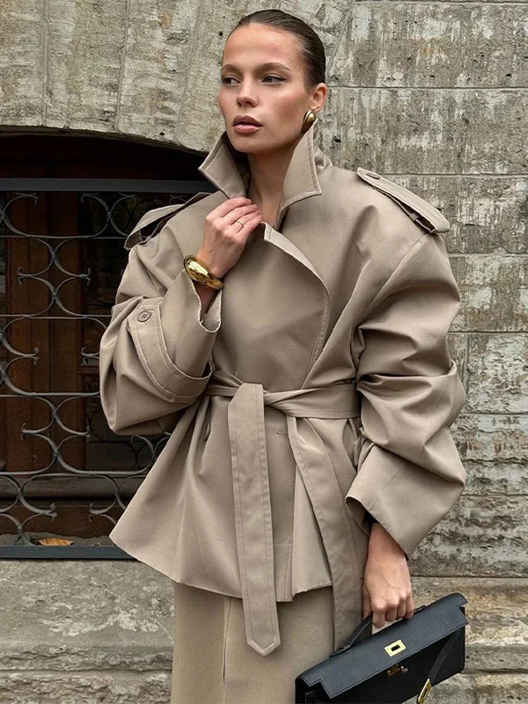 Casual Belt Lace Up Short Trench Coat Women Elegant Full Sleeve V Neck Loose Fashion Jacket Spring Daily High Street Outerwear