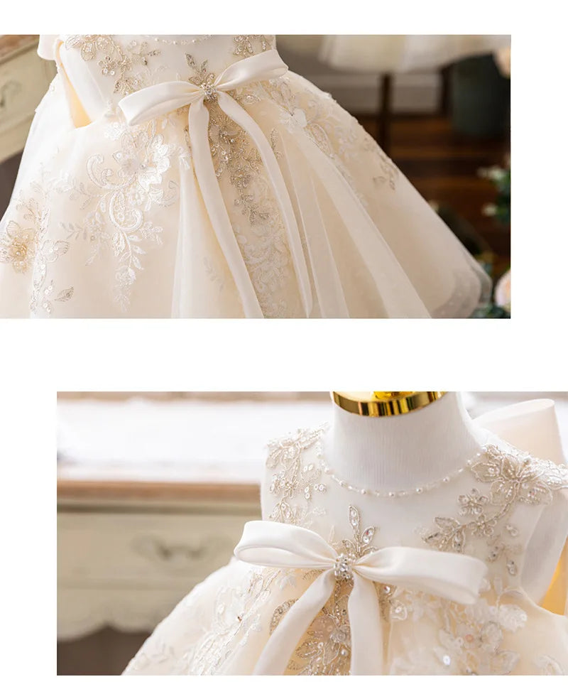 baby lace Sleeveless birthday  High-end 1 year White baptism dress girl costume Girls dress princess dress 1-10yrs wear