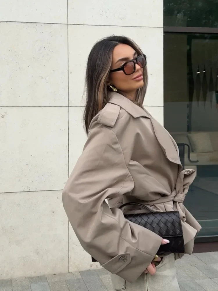 Casual Belt Lace Up Short Trench Coat Women Elegant Full Sleeve V Neck Loose Fashion Jacket Spring Daily High Street Outerwear