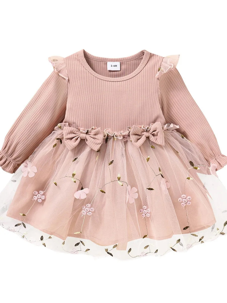 Baby Girl Pink Ribbed Long-Sleeve Bowknot Floral Embroidered Mesh Dress Perfect For Outings And Daily Wear