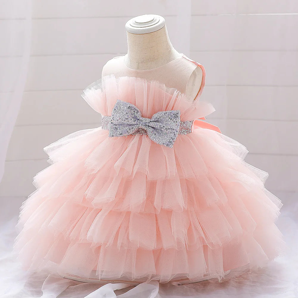 Kids Bow Baby Girls Dress Puffy Tulle Toddler White Baptism Party Dresses For Girl Elegant Kids Birthday Princess Ball Gown