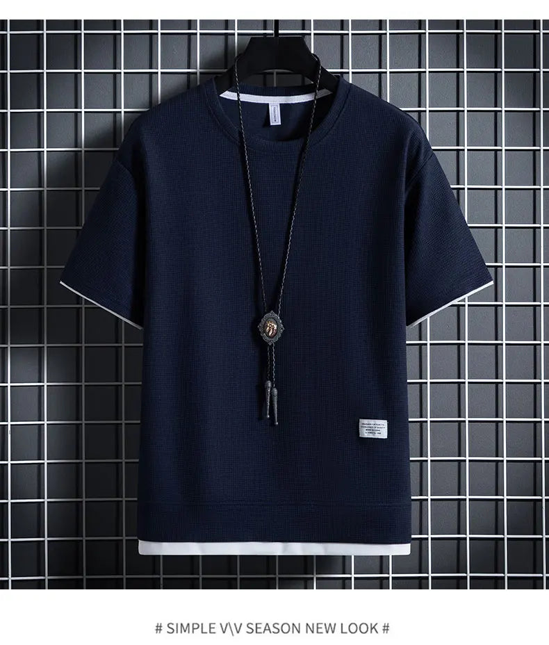 Summer Men's Waffle Sets Casual T-Shirt And Shorts Set Male Sports Suit Solid Color Tracksuit Loose Suits Size