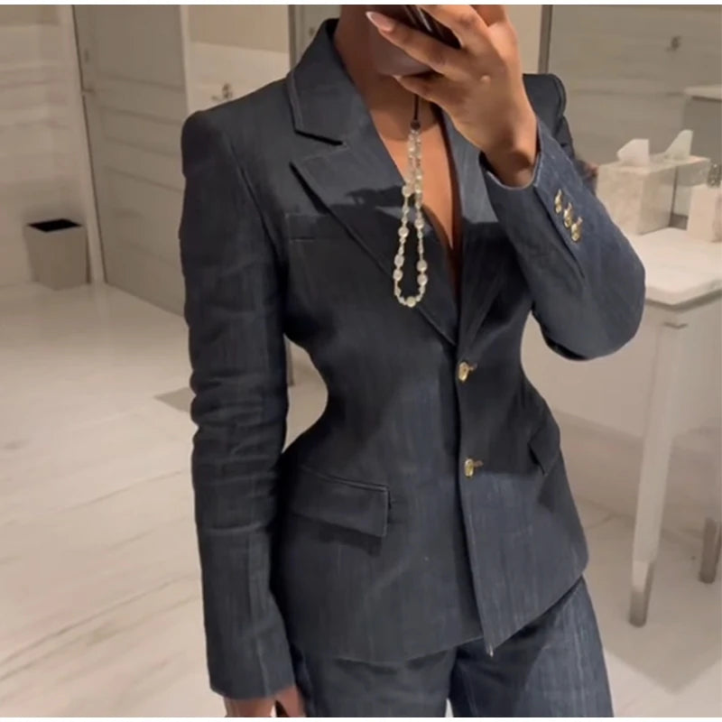Retro Denim Vest Suit Jacket Pant 3 Piece Sets Women Classic Tube Top Waist-cinching Jackets High Waist Pants Sets Female Outfit